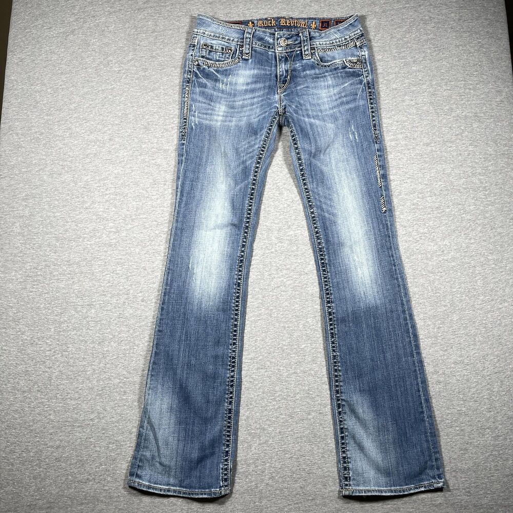 Rock Revival Alanis Jeans Womens 31 Blue Bootcut Mid Rise Distressed Embroidered